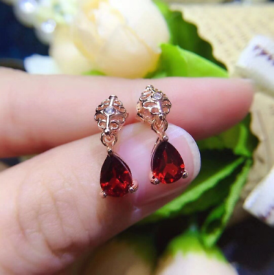 925 Sterling Sliver 3 CT Pear Cut Red Garnet Diamond Drop & Dangle Earrings