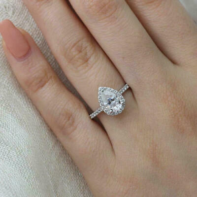 2.30 CT Pear Cut Diamond Halo Wedding Engagement Ring 925 Sterling Silver