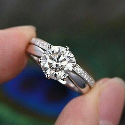 2.1 CT Round Cut Diamond  925 Sterling Silver Engagement Women's Bridal Ring Set