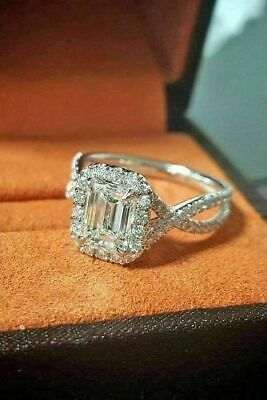 3.51 Ct Emerald Cut Diamond Halo Wedding Engagement Ring 925 Sterling Silver