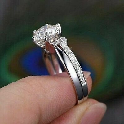 2.1 CT Round Cut Diamond  925 Sterling Silver Engagement Women's Bridal Ring Set