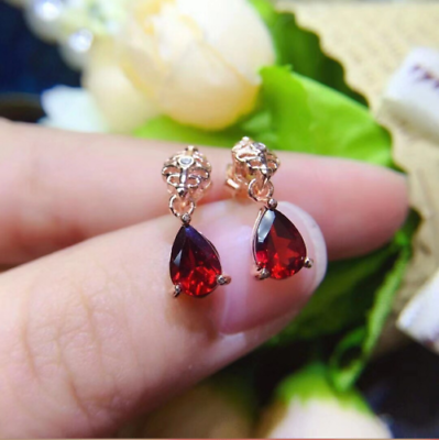 925 Sterling Sliver 3 CT Pear Cut Red Garnet Diamond Drop & Dangle Earrings