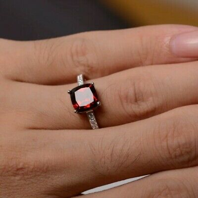 1 CT Cushion Cut Red Garnet Diamond 925 sterling silver Women Wedding Ring