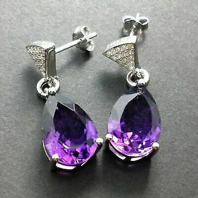 925 Sterling Silver 4 CT Pear Cut Purple Amethyst Drop & Dangle Earrings