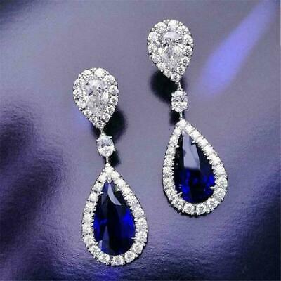 CT Pear Cut Blue Sapphire Diamond Drop Dangle Earrings 14K