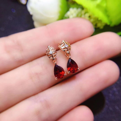 925 Sterling Sliver 3 CT Pear Cut Red Garnet Diamond Drop & Dangle Earrings