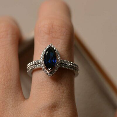 3 CT Marquise Cut Blue Sapphire Bridal Engagement Ring 925 Sterling Silver