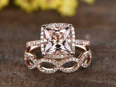 2 CT Princess Cut Halo Morganite Diamond 925 Sterling Silver Women's Bridal Ring Set
