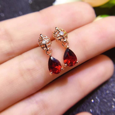 925 Sterling Sliver 3 CT Pear Cut Red Garnet Diamond Drop & Dangle Earrings