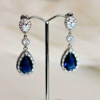 4 CT Pear Cut Blue Sapphire Diamond Drop & Dangle Earrings 14K White Gold Over On 925 Sterling Silver