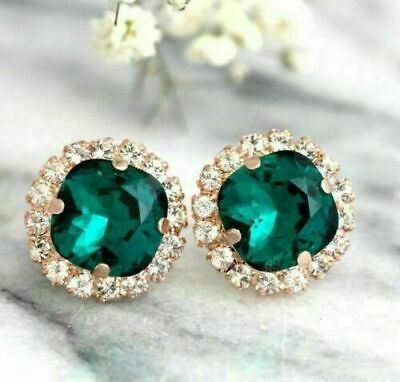 3 CT Cushion Cut Green Emerald Halo Stud Earrings 925 Sterling Sliver Jewelry Gift For Her