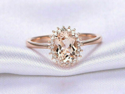 2 CT Oval Cut Peach Morganite Diamond Halo Engagement Wedding Ring 925 Sterling Silver
