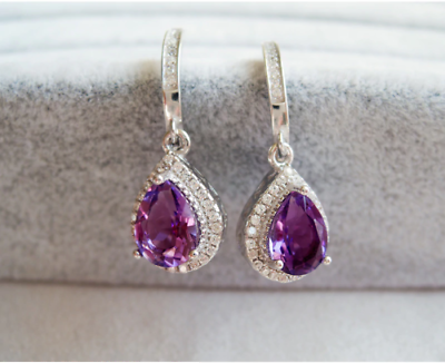925 Sterling Sliver 3 CT Pear Cut Amethyst Drop/Dangle Women's Earrings