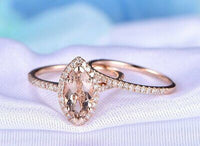 1.70 CT Marquise Cut Peach Morganite Halo Bridal Ring Set 925 Sterling Silver