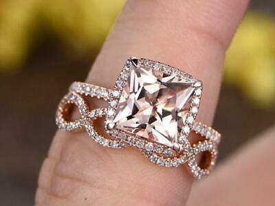 2 CT Princess Cut Halo Morganite Diamond 925 Sterling Silver Women's Bridal Ring Set