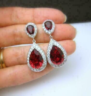 925 Sterling Sliver 3 CT Pear Cut Red Ruby Halo Drop/Dangle Women's Earrings