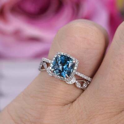 2.25Ct Cushion Cut Blue Topaz Bridal Set Engagement Ring 925 Sterling Silver