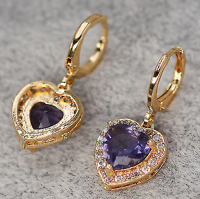 14K Rose Gold Over On 925 Sterling Silver 3 CT Heart Cut Purple Amethyst Flower Drop/Dangle Earrings