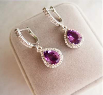 925 Sterling Sliver 3 CT Pear Cut Amethyst Drop/Dangle Women's Earrings