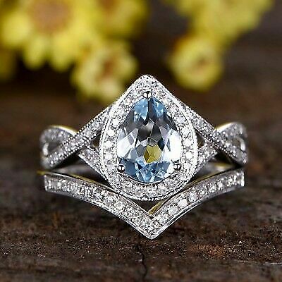 3 CT Aquamarine Pear Cut Diamond Halo Wedding Ring Set 925 Sterling Silver