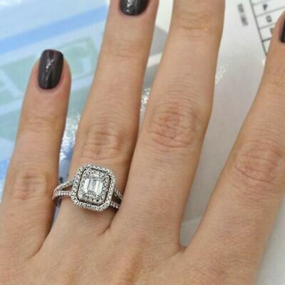 2 CT Emerald Cut Diamond 925 Sterling Sliver Halo Engagement Ring