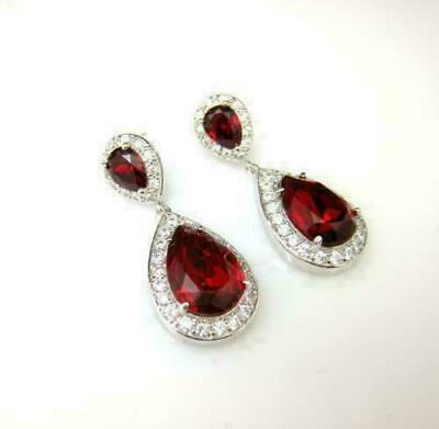 925 Sterling Sliver 3 CT Pear Cut Red Ruby Halo Drop/Dangle Women's Earrings
