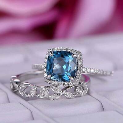 2.25Ct Cushion Cut Blue Topaz Bridal Set Engagement Ring 925 Sterling Silver