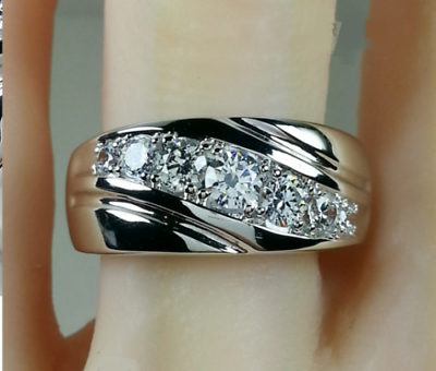 925 Sterling Silver 2 CT Round Cut Diamond Men's Wedding Band Ring