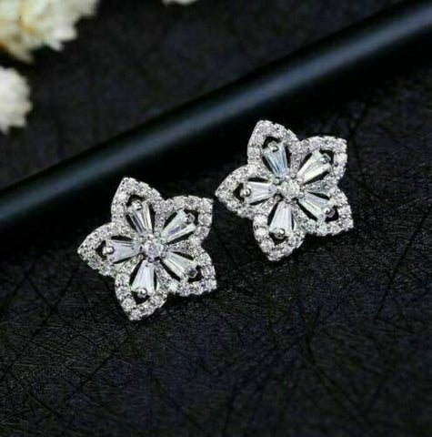 2.20 Ct Baguette & Round Cut Diamond 925 Sterling Silver Floral Anniversary Gift Earrings
