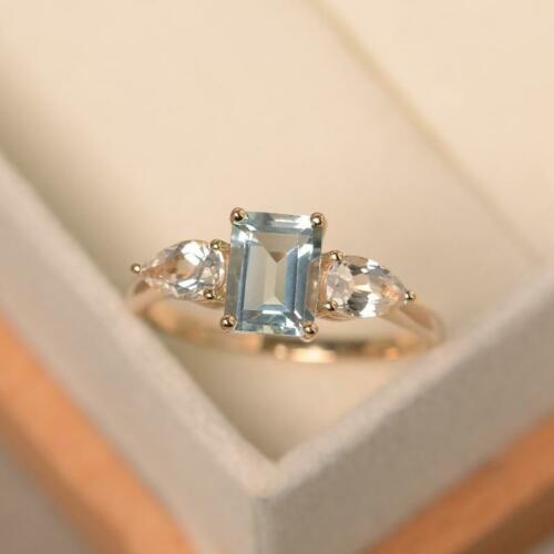 1 CT Emerald Cut Aquamarine Diamond Anniversary Three Stone Ring 925 Sterling Silver