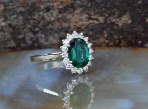 2 CT Oval Cut Green Emerald Diamond 925 Sterling Sliver Halo Wedding Ring