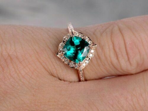 1 CT Cushion Cut Emerald Diamond Halo Wedding Ring 925 Sterling Silver