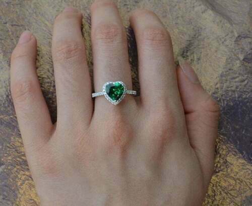 1 CT Heart Cut Green Emerald 925 Sterling Silver Halo Anniversary Women's Ring