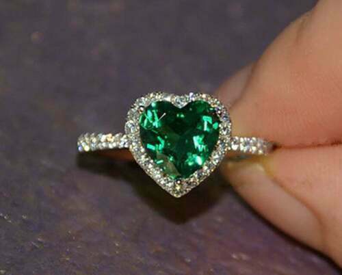 1 CT Heart Cut Green Emerald 925 Sterling Silver Halo Anniversary Women's Ring