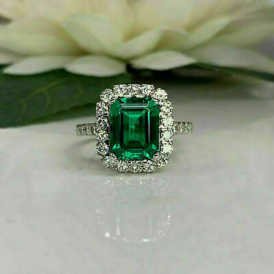 925 Sterling Silver 1 CT Emerald Cut Green Diamond Halo Anniversary Ring