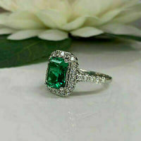 925 Sterling Silver 1 CT Emerald Cut Green Diamond Halo Anniversary Ring