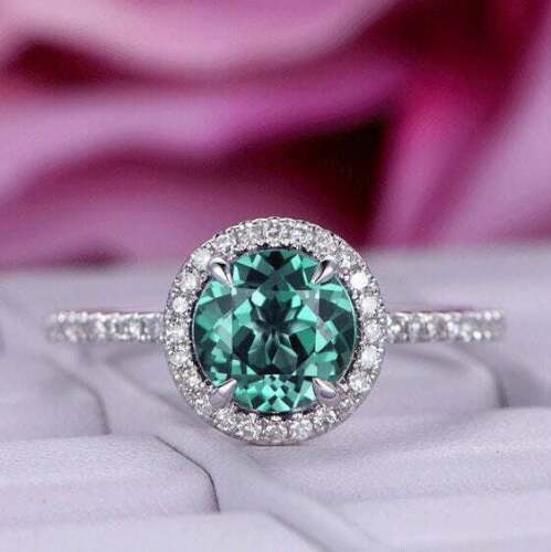 2 CT Round Cut Green Emerald Diamond  925 Sterling Sliver Halo Engagement Ring