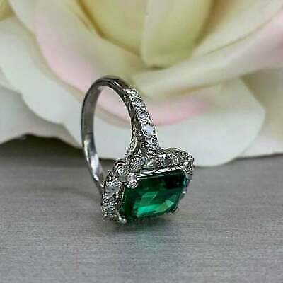 925 Sterling Silver 1 CT Emerald Cut Green Diamond Halo Anniversary Ring