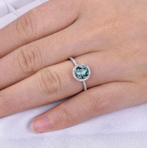 2 CT Round Cut Green Emerald Diamond  925 Sterling Sliver Halo Engagement Ring