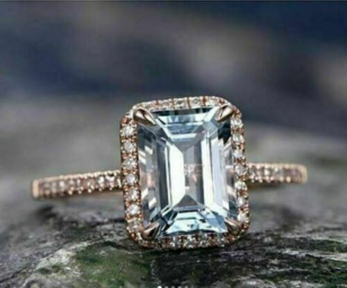 925 Sterling Silver 1 CT Emerald Cut Aquamarine Diamond Halo Engagement Ring