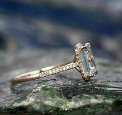 925 Sterling Silver 1 CT Emerald Cut Aquamarine Diamond Halo Engagement Ring