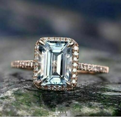 925 Sterling Silver 1 CT Emerald Cut Aquamarine Diamond Halo Engagement Ring