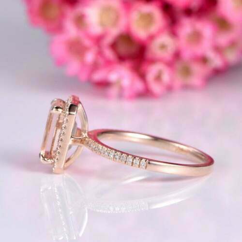 2 CT Emerald Cut Morganite Diamond Halo Engagement Ring 925 Sterling Sliver - atjewels.in