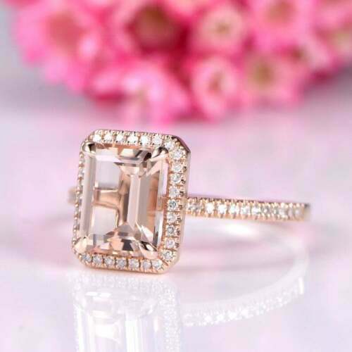 2 CT Emerald Cut Morganite Diamond Halo Engagement Ring 925 Sterling Sliver - atjewels.in