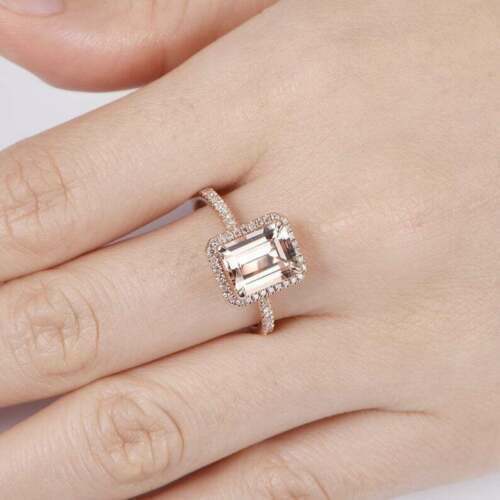 2 CT Emerald Cut Morganite Diamond Halo Engagement Ring 925 Sterling Sliver - atjewels.in