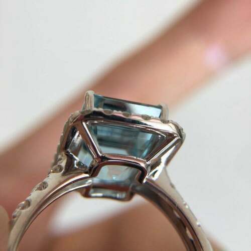 1 CT Emerald Cut Aquamarine Diamond Halo Engagement Ring 925 Sterling Silver