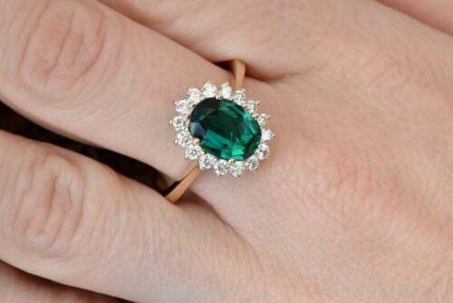 2 CT Oval Cut Green Emerald Diamond 925 Sterling Sliver Halo Wedding Ring
