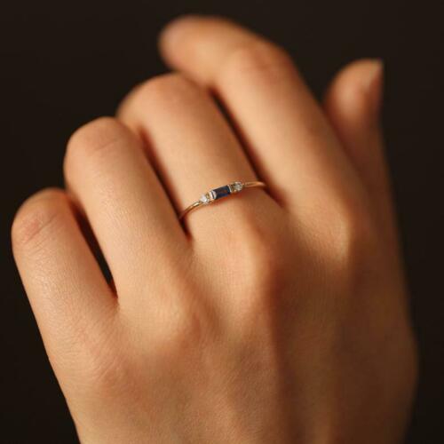 0.10 CT Baguette Cut Blue Sapphire Diamond 925 Sterling Silver Solitaire Anniversary Ring