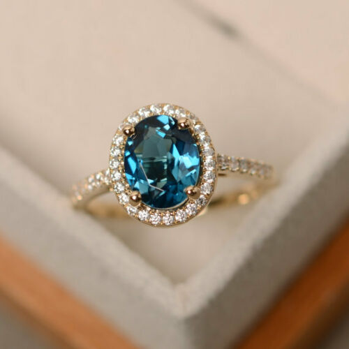 2 CT Oval Cut Blue Topaz Ring 925 Sterling Sliver Women Halo Wedding Ring