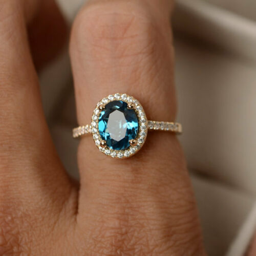 2 CT Oval Cut Blue Topaz Ring 925 Sterling Sliver Women Halo Wedding Ring